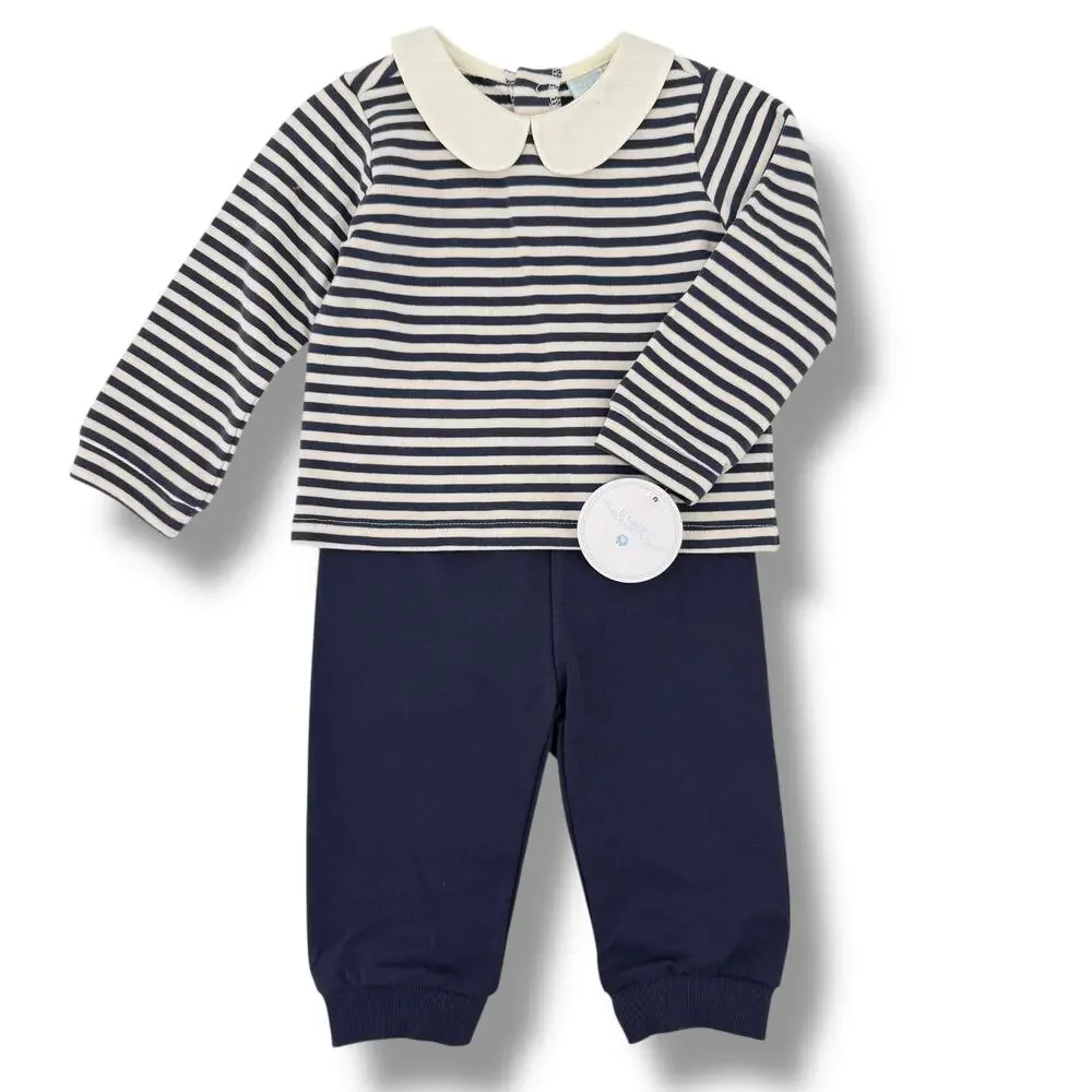 Edgehill Collection Navy Stripe 2pc Outfit Baby Boy Sz 12M Peter Pan Collar